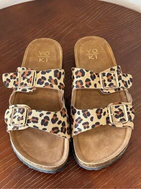Yoki Leopard Print Double Buckle Slides - Tan, Black, Orange Womens Size 8.5